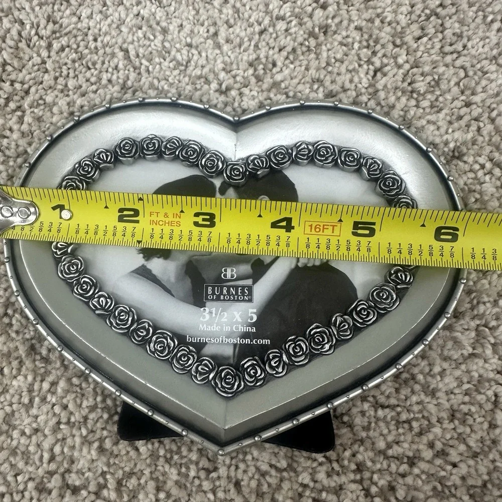Vintage Burnes of Boston Picture Frame Metal Heart Shaped Rose Trim Silver Tone